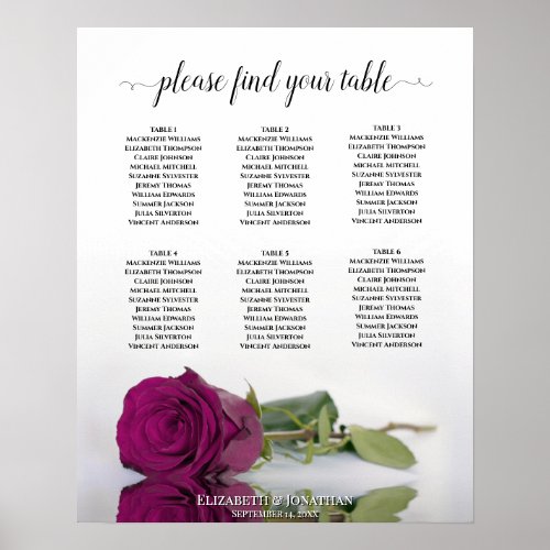 Cassis Purple Rose 6 Table Wedding Seating Chart
