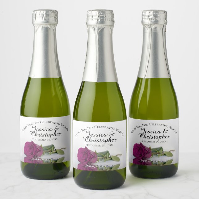 Cassis Purple Rose Classy Wedding Thank You Mini Sparkling Wine Label (Bottles)