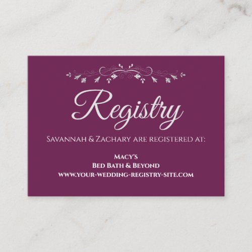 Cassis Purple  Silver Elegant Wedding Registry Enclosure Card