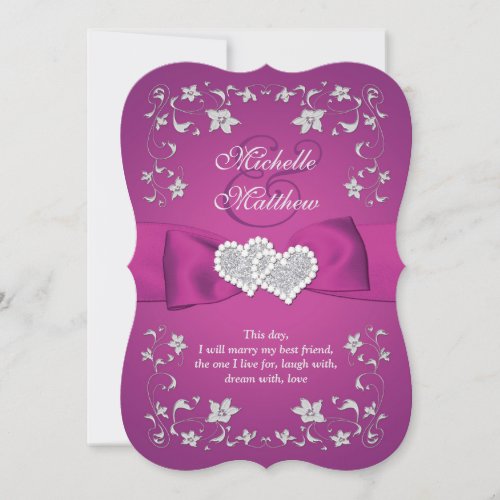 Cassis Purple Silver Floral Hearts Wedding  Invitation