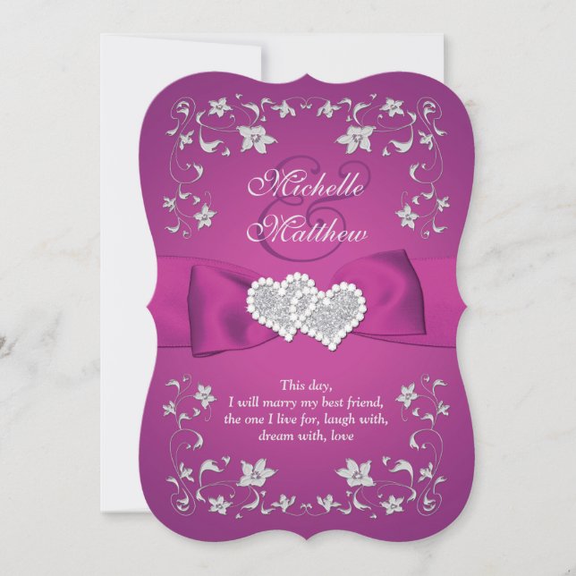 Cassis Purple, Silver, Floral, Hearts Wedding  Invitation (Front)