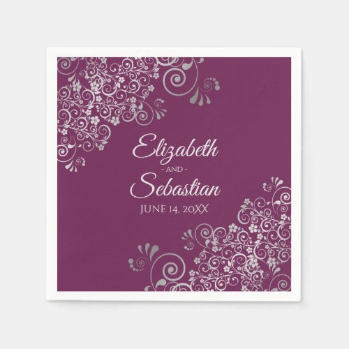 Cassis Purple  Silver Frills Elegant Wedding Napkins