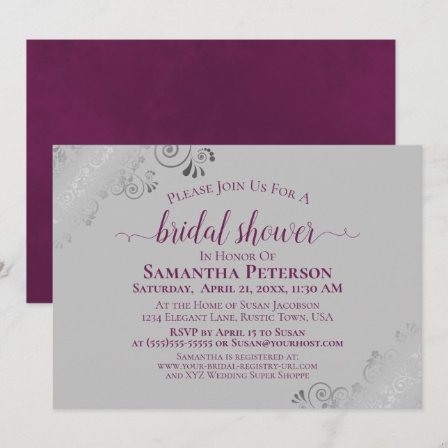 Cassis Purple & Silver Lace Gray Bridal Shower Invitation (Front/Back)