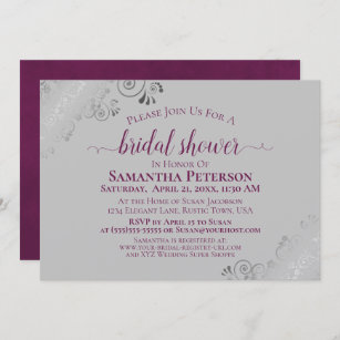 Cassis Purple & Silver Lace Gray Bridal Shower Invitation