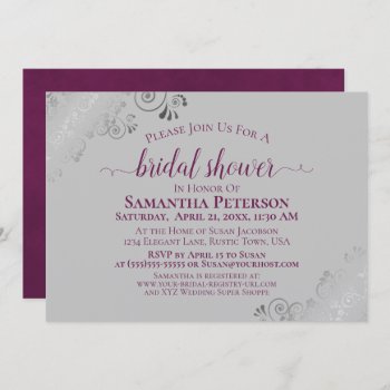 Cassis Purple & Silver Lace Gray Bridal Shower Invitation by ZingerBug at Zazzle