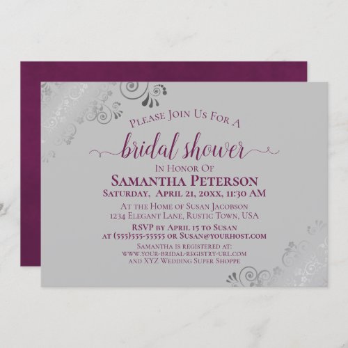 Cassis Purple  Silver Lace Gray Bridal Shower Invitation
