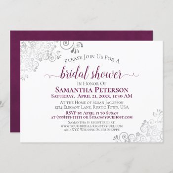 Cassis Purple & Silver Lace White Bridal Shower Invitation by ZingerBug at Zazzle