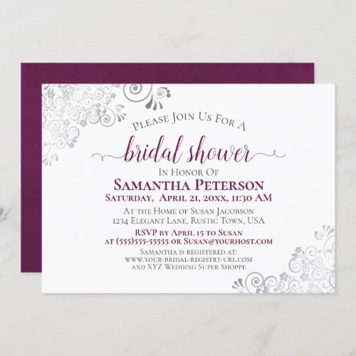 Cassis Purple  Silver Lace White Bridal Shower Invitation