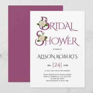Cassis purple typography and rose bridal shower invitation
