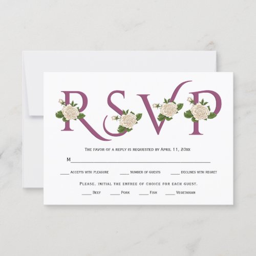 Cassis purple typography and white roses RSVP card