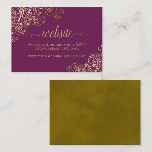 Cassis Purple w/ Gold Floral Lace Wedding Website Enclosure Card (Front/Back)