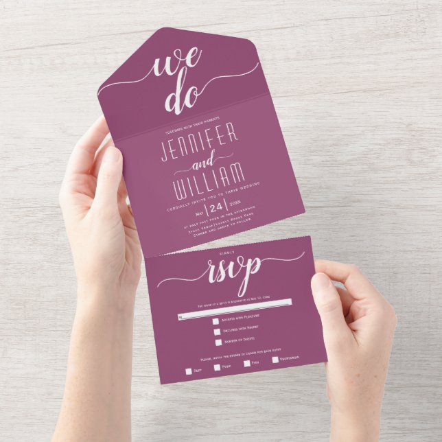 Cassis purple "We Do" script typography wedding All In One Invitation (Tearaway)