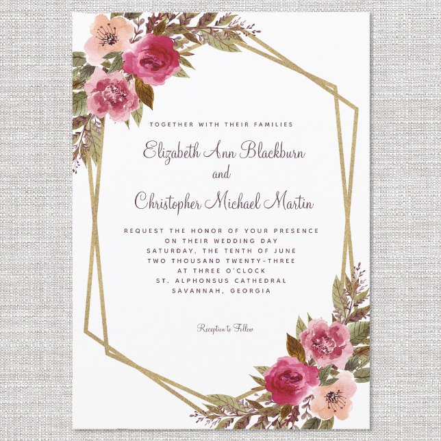 Cassis Purple Wedding Gold Frame Watercolor Floral Invitation (Creator Uploaded)
