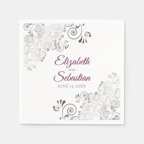 Cassis Purple with Silver Frills Elegant Wedding Napkins