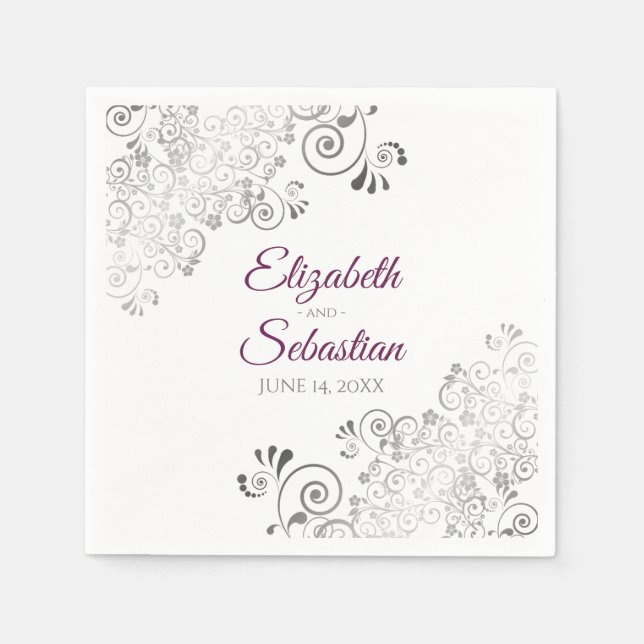 Cassis Purple with Silver Frills Elegant Wedding Napkins (Front)