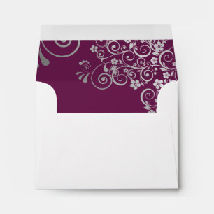 Cassis & Silver Lace Inside White Wedding RSVP Envelope