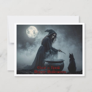Cast a Spell, Witch, Black Cat, Caldron Halloween Postcard