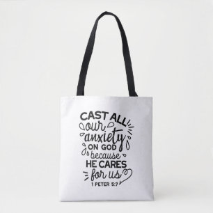 Cast All Your Anxiety – 1 Peter 5:7 Bible Verse Tote Bag