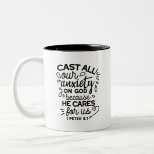 Cast All Your Anxiety – 1 Peter 5:7 Bible Verse Two-Tone Coffee Mug