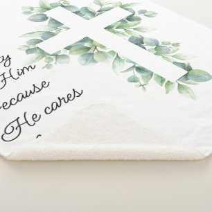 Cast All your Anxiety on Him Eucalyptus Cross Sherpa Blanket