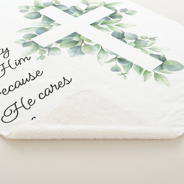 Cast All your Anxiety on Him Eucalyptus Cross Sherpa Blanket (3/4)