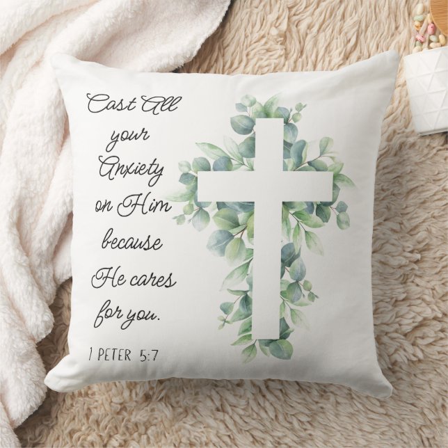 Cast All your Anxiety on Him Eucalyptus Cross Throw Pillow (Blanket)