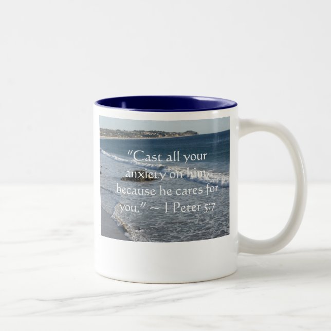 Cast all your anxiety on him... Two-Tone coffee mug (Right)