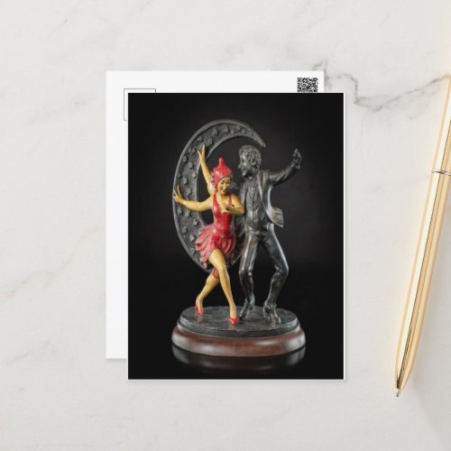 Cast Iron Sculpture of a Jester and 1920s Flapper  Postcard