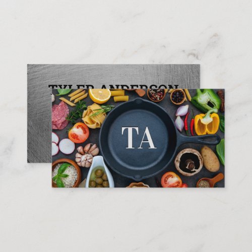 Cast Iron Skillet Food on Table  Monogram Business Card