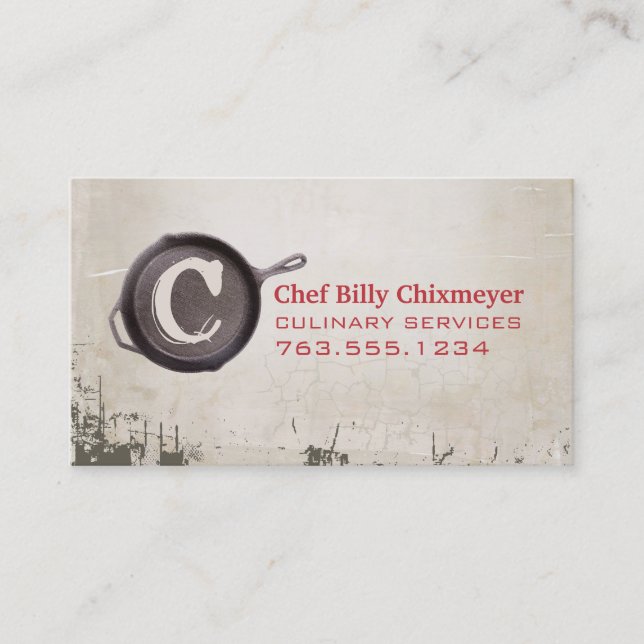 cast iron skillet pan chef catering monogram business card (Front)
