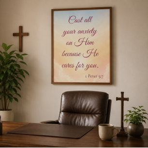 Cast Your Anxiety on Him Pastel Sunrise Scripture Poster