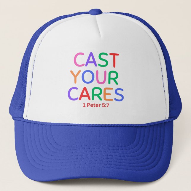 Cast Your Cares Bible Verse Trucker Hat (Front)