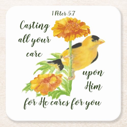 Casting all your care upon Him 1 Peter 57 Square Paper Coaster