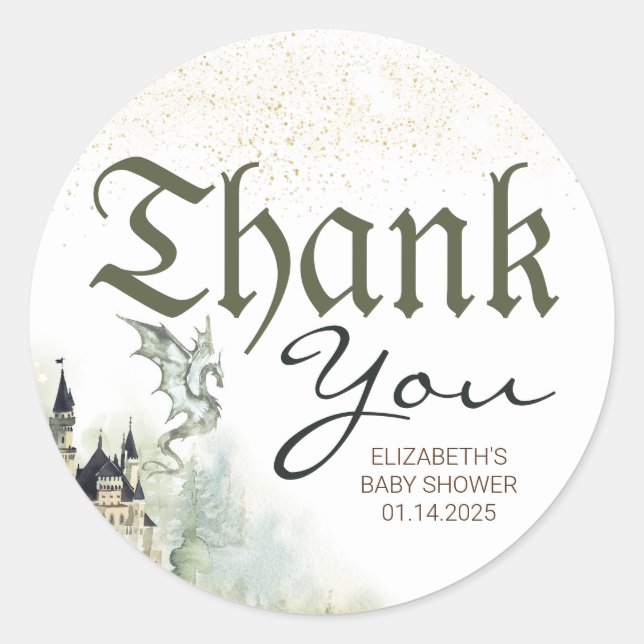 Castle and Dragon Fairytale Thank You Classic Round Sticker (Front)