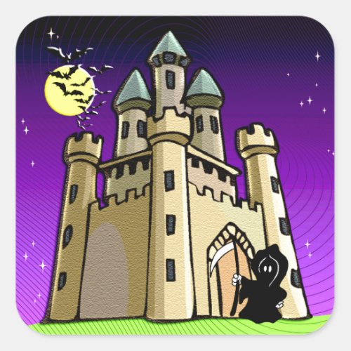 Castle Bats and Grim Reaper at Castle Door Square Sticker