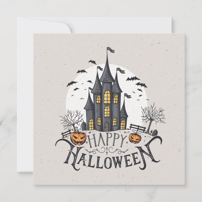 Castle, Bats & Pumpkins Halloween Party Invitation (Front)