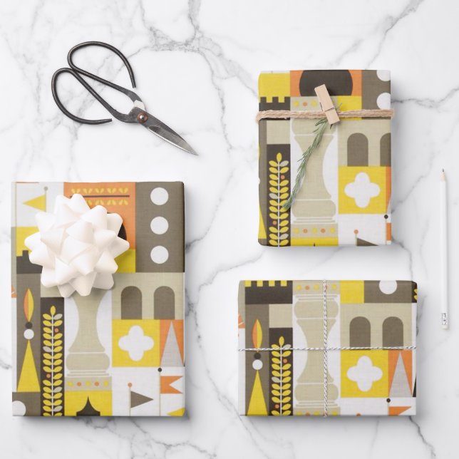 Castle Blocks Orange Wrapping Paper Sheets (Front)