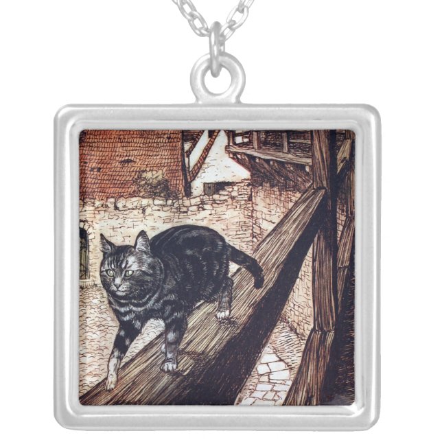 Castle Cat Rackham Illustration Silver Plated Necklace (Front)