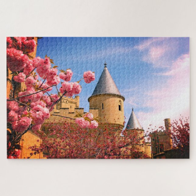 Castle Cherry Blossoms Radiant Spring Landscape Jigsaw Puzzle (Horizontal)