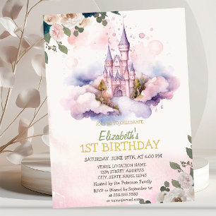 Castle Clouds Flowers Polka Dots Birthday Invitation
