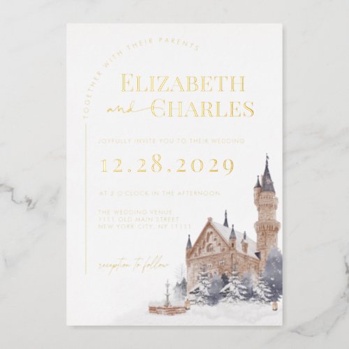 Castle English Manor Old Church Cathedral Wedding Foil Invitation