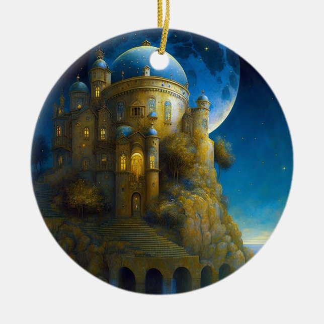Castle Fantasy Moon Landscape Ceramic Ornament (Front)