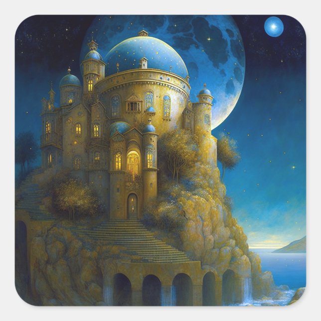 Castle Fantasy Moon Landscape Square Sticker (Front)
