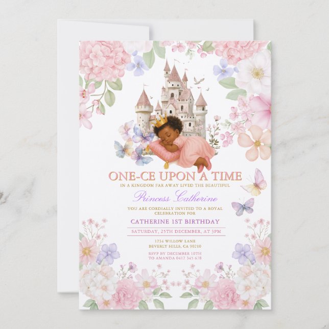 Castle Floral Pastel Princess 1st Birthday Invitation (Front)
