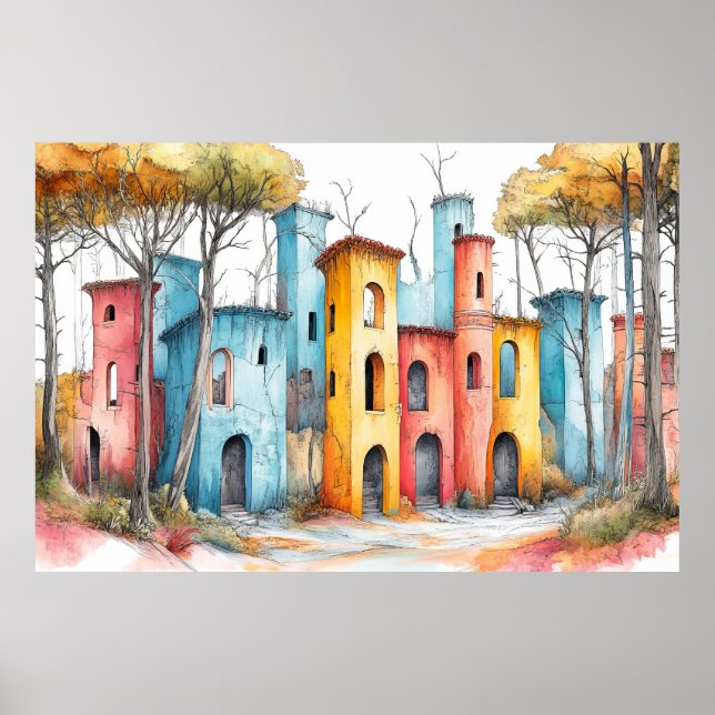 Castle Fortress Illustration Pastel Colour Drawing Poster (Front)