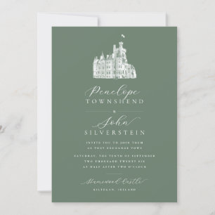 Castle Illustration Calligraphy Name Sage Wedding Invitation