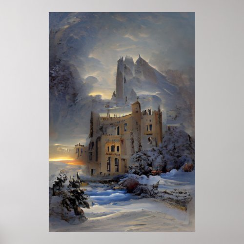 Castle In Snow Retro Castle Christmas Gift Poster