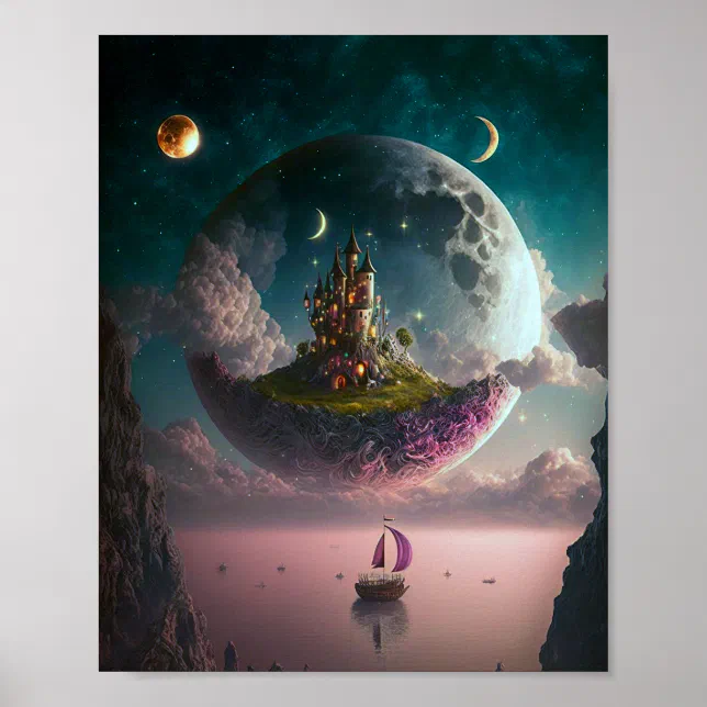 Castle In The Moon Fantasy Art Poster | Zazzle
