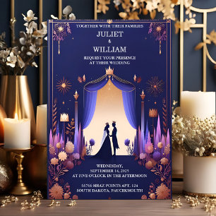 Castle Luxury Fuchsia Crown Royal Blue Wedding Invitation