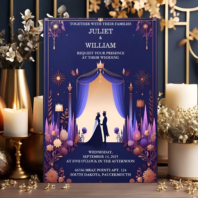 Castle Luxury Fuchsia Crown Royal Blue Wedding Invitation (Creator Uploaded)